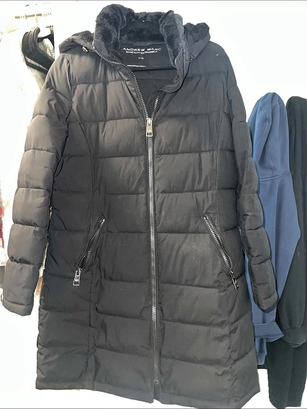Andrew Marc Ladies Long Stretch Jacket Black Puffer Coat Size Large